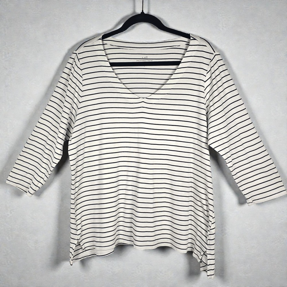 J. Jill Pima Cotton Tunic Top Woman Large Striped 3/4 Sleeve V-Neck White‎ Black